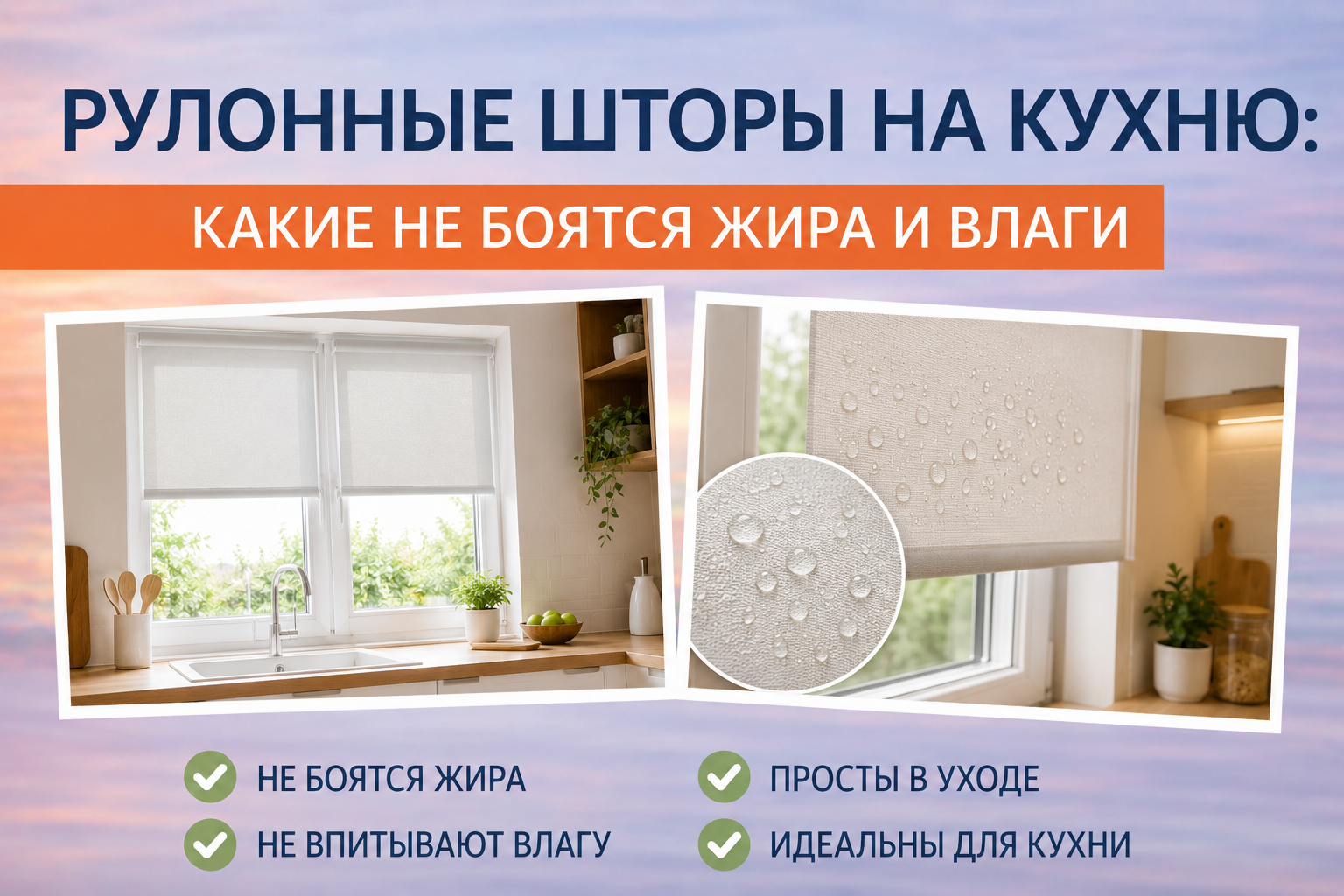 Рулонные шторы на кухню из влагостойкой ткани на пластиковом окне в светлом интерьере — сравнение материалов, защита от жира и влаги