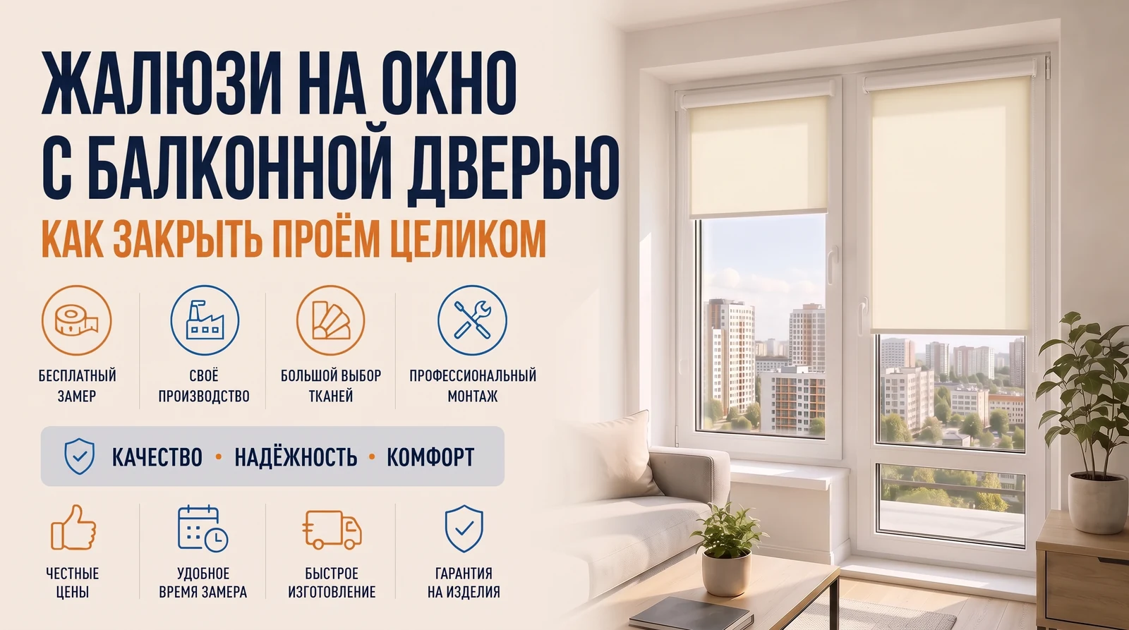 Жалюзи на окно с балконной дверью в интерьере московской квартиры с балконным блоком